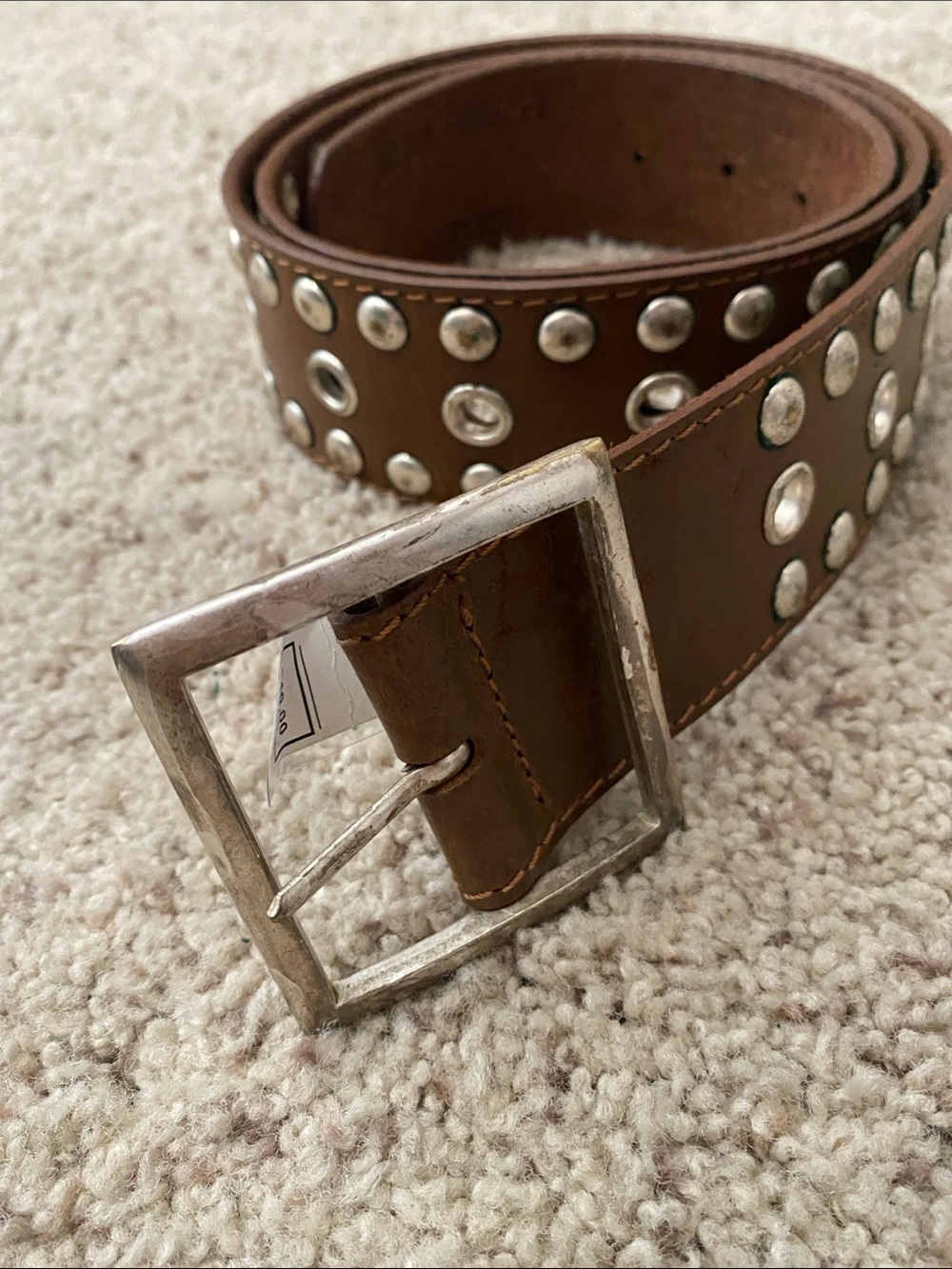 Nine West Brown Leather Studded Belt with Silver-Tone Buckle